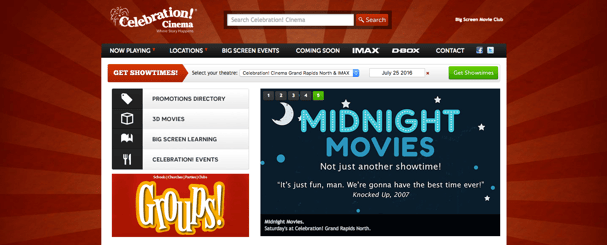 Celebration Cinema Website using Vista Software and Custom Development