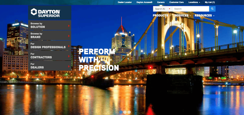 Dayton Superior homepage with photo of city skyline